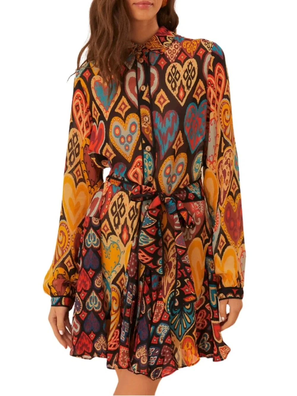 FARM Rio Black Multicolor Long-Sleeve Printed Wrap Dress